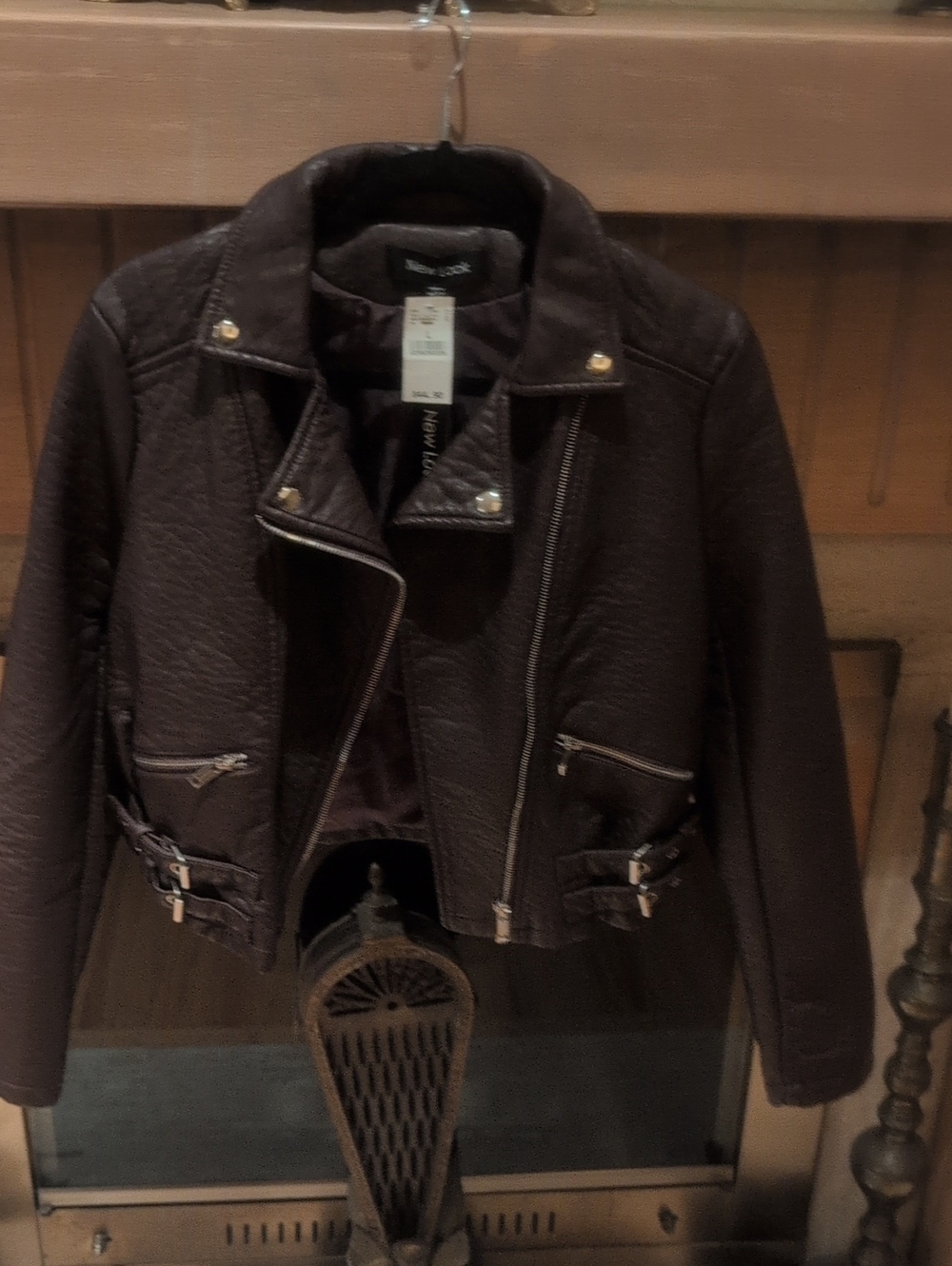 New Look Dark Brown Biker Leather Jacket - Zip & Buckle Detail